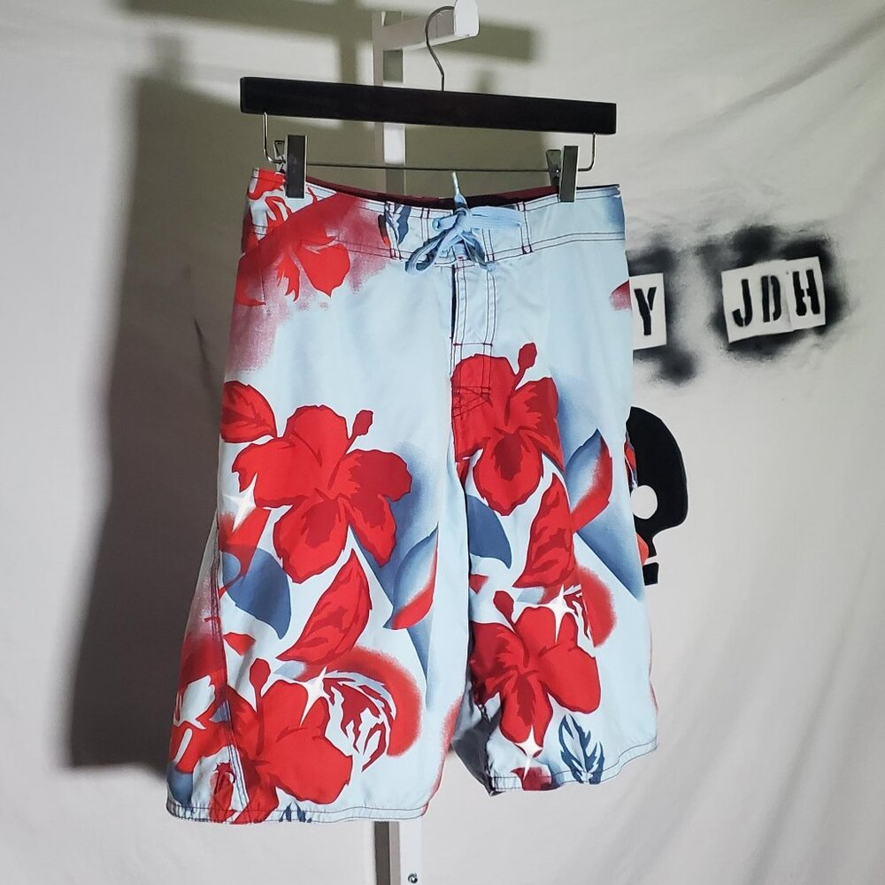 Quiksilver Blue and Red Hibiscus Pattern Board Shorts